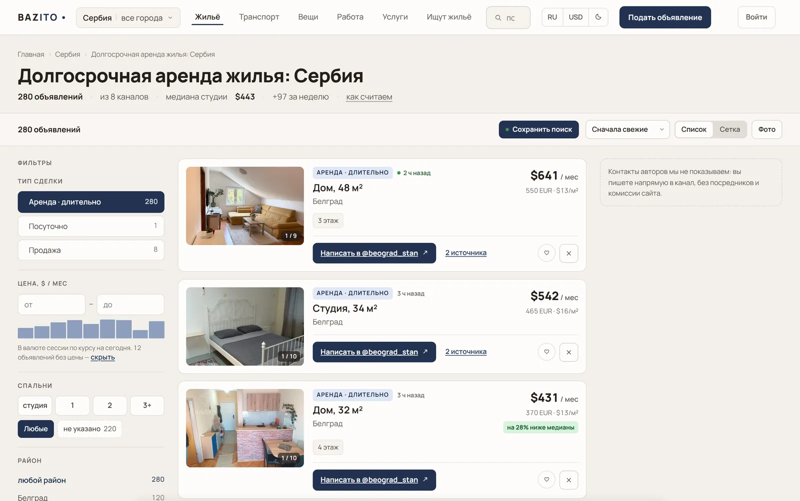 The bazito board: long-term rental listings in Serbia, filters for price, bedrooms and district on the left, prices shown in two currencies