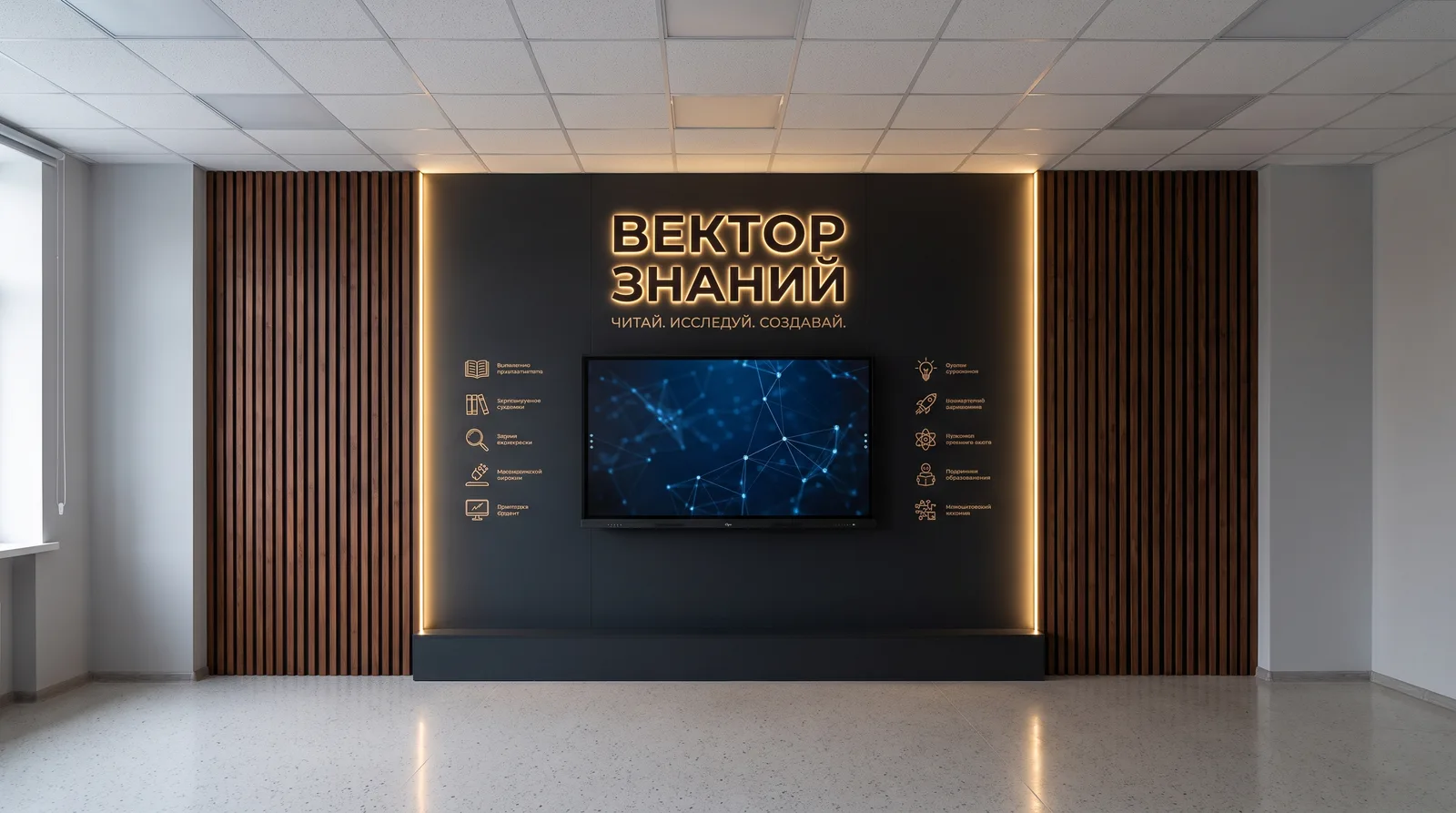 Media library wall concept: a dark panel with the illuminated name, a display in the centre, walnut slats on both sides